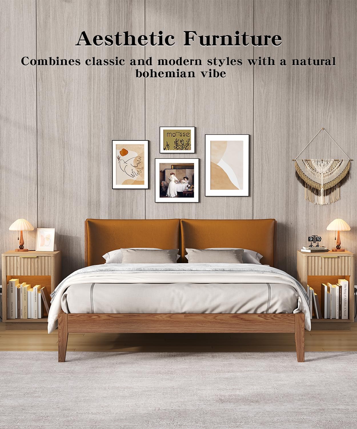 Akxomel Fluted Nightstands Set of 2, Wooden Night Stand with Charging Station and LED Light, Modern Mid Century Bed Side End Table with Drawer, 15 D x 15.7 W x 22.6 H, for Bedroom, Natural Oak